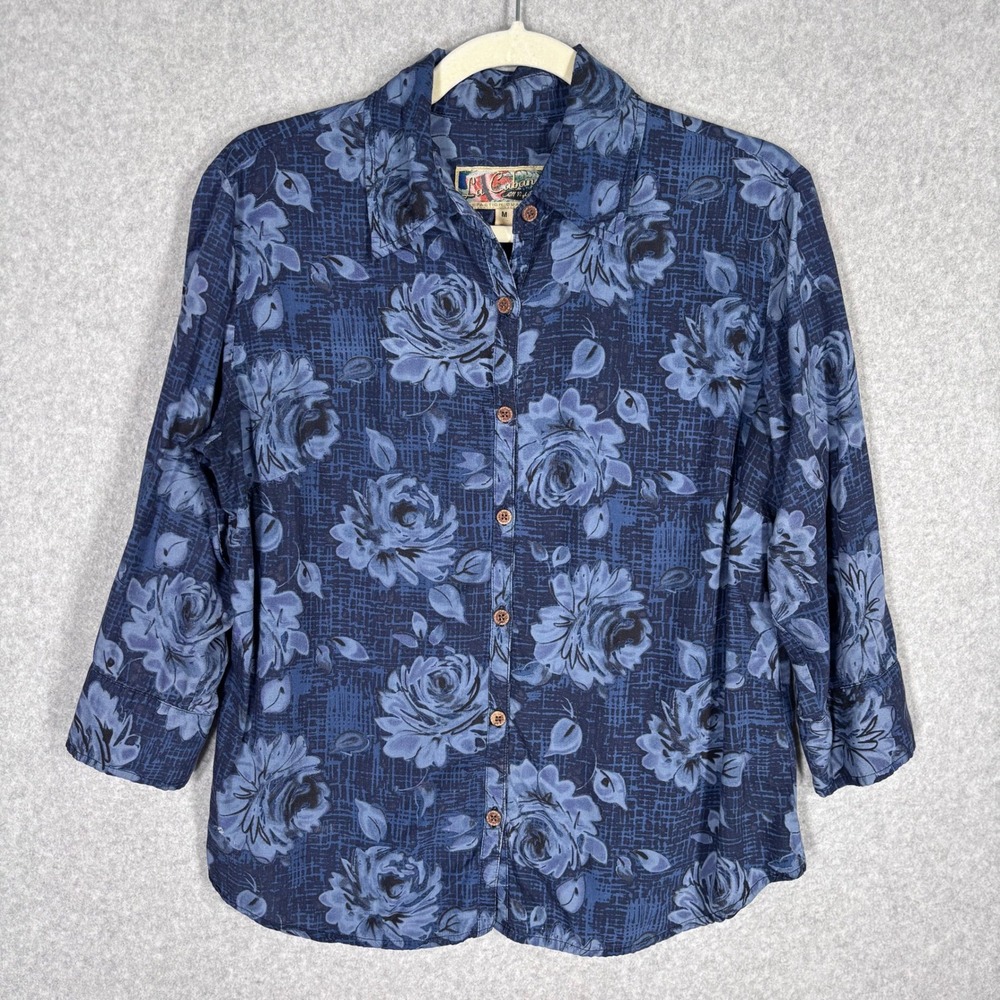 La Cabana Button Up Chambray Shirt Medium Blue Floral Rayon Thin Roses Feminine